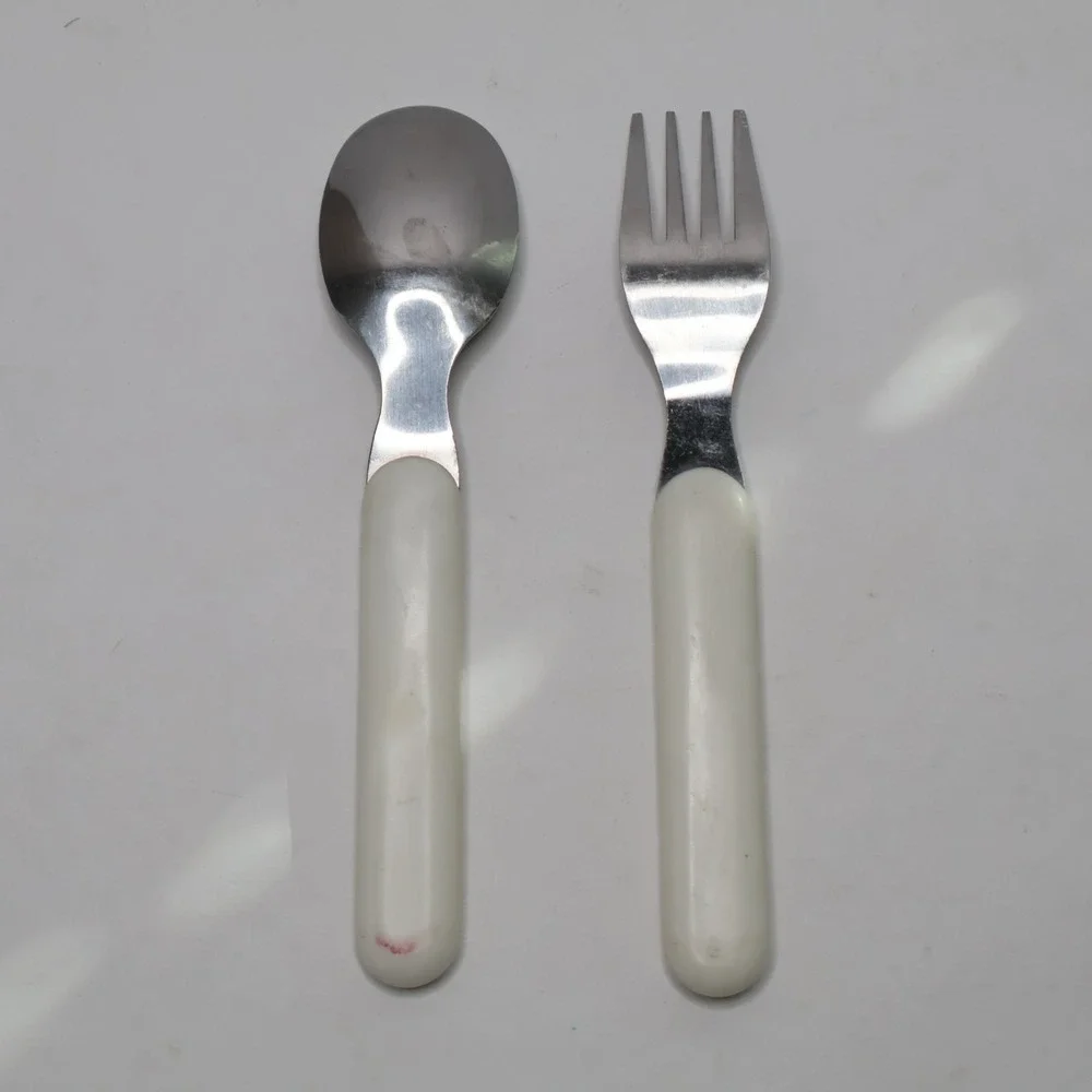 Vintage Kids Spoon and Fork Set White Handles with 1 2 3 Numbers Stainless Steel